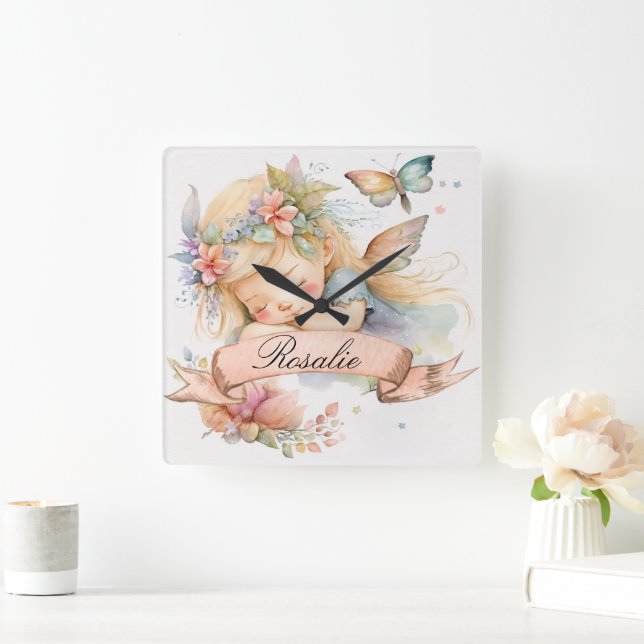 Whimsical Floral Sweet Dreams Sleeping Fairy Girl Square Wall Clock (Home)