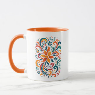 Whimsical Floral Swirl Mug - Orange  Accent Handle