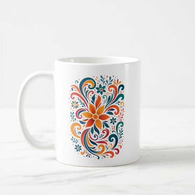 Whimsical Floral Swirl Mug - Orange Accent Handle (Left)