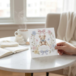 Whimsical Floral Teddy Bear Baby Shower QR code Invitation