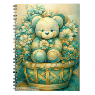 Whimsical Floral Teddy Bear in Teal and Gold Baske Notebook