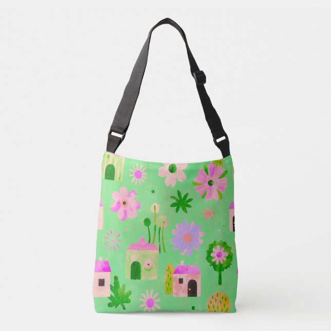 Whimsical Floral Village Pattern Tote Bag (Front)