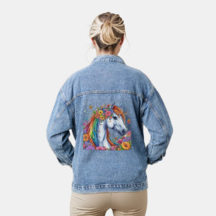 Whimsical Floral White Horse Pretty Colourful  Denim Jacket