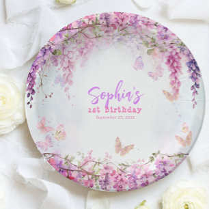 Whimsical Floral Wisteria Butterfly Kids Birthday Paper Plate
