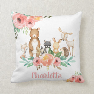 Whimsical Floral Woodland Animals Girl Nursery Cushion