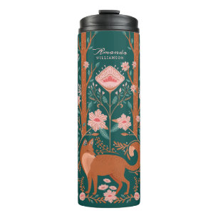 Whimsical Floral Woodland Fox Folk Art Style Green Thermal Tumbler