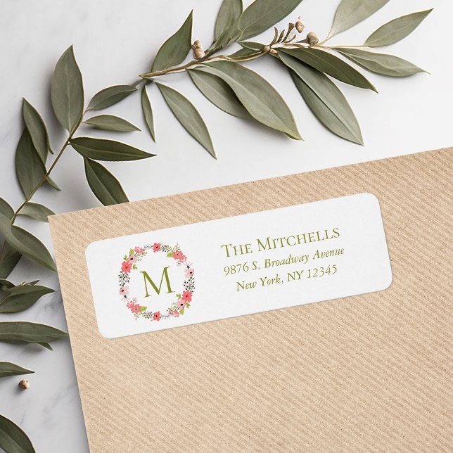 Whimsical Floral Wreath Monogram Return Address Label (Creator Uploaded)