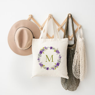 Whimsical Floral Wreath Monogram Tote Bag