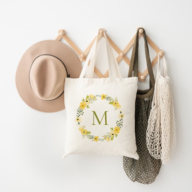Whimsical Floral Wreath Monogram Tote Bag (Creator Uploaded)
