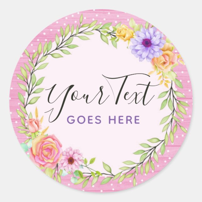 Whimsical Floral Wreath & Rustic Pink Wood Girly Classic Round Sticker (Front)
