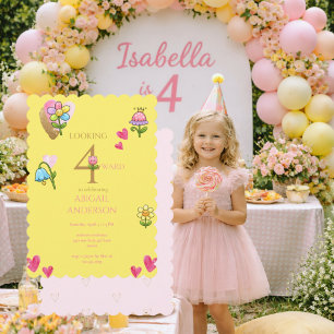 Whimsical Floral Yellow 4th  Birthday Party  Invitation