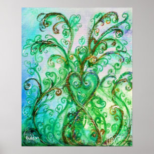 WHIMSICAL FLOURISHES,BLUE GREEN SWIRLS WITH HEART POSTER