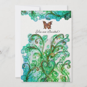 WHIMSICAL FLOURISHES bright blue green White Pearl Invitation