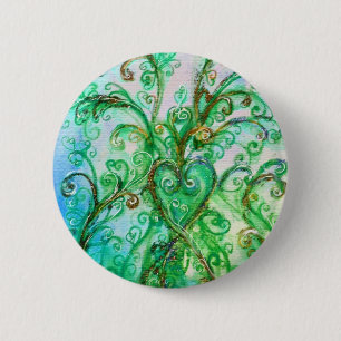 WHIMSICAL FLOURISHES Green Blue Floral Heart 6 Cm Round Badge