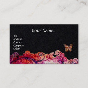 WHIMSICAL FLOURISHES Red Pink Floral Black Paper Business Card