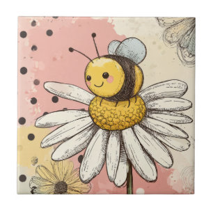 Whimsical Flower and Bee – Cozy Floral (1) Ceramic Tile