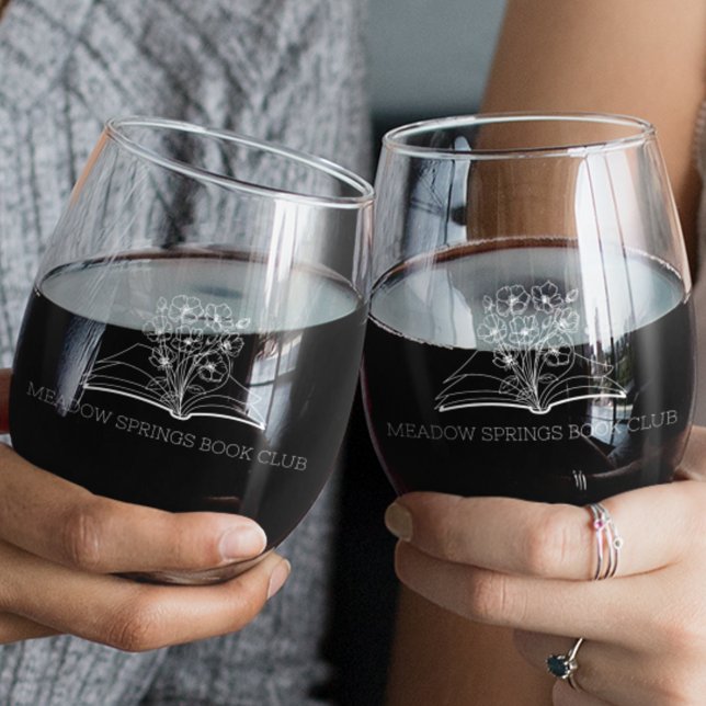 Whimsical Flower Books Custom Book Club Name Stemless Wine Glass (Creator Uploaded)