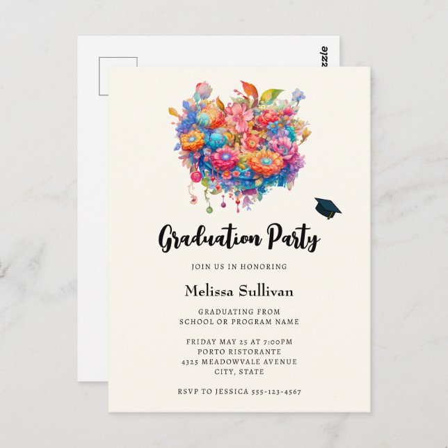 Whimsical Flower Bouquet Graduation Invitation Postcard (Front/Back)