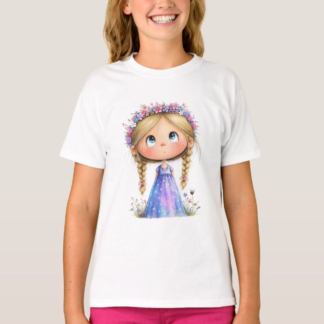 Whimsical Flower Crown Girl Cute Kids Art T-Shirt (Front)