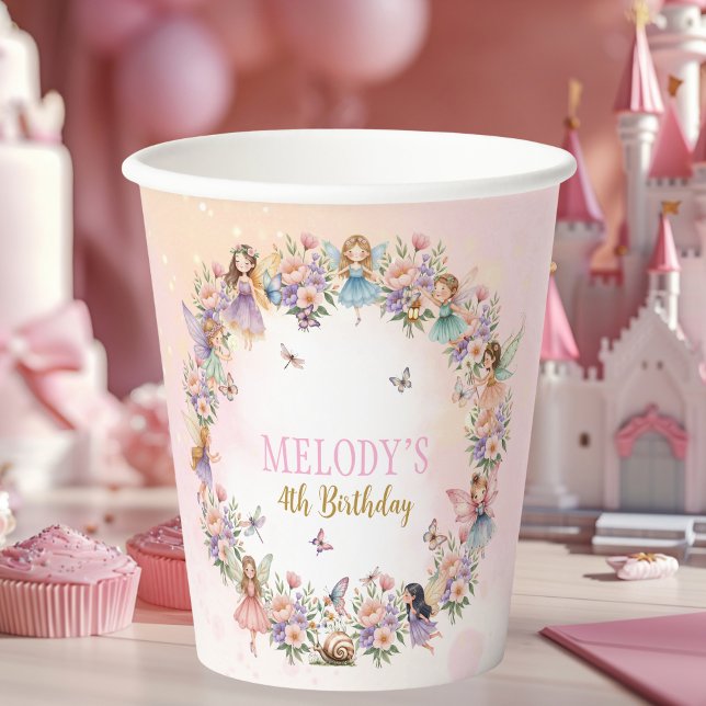 Whimsical flower fairy garden 4th birthday  paper cups (Creator Uploaded)