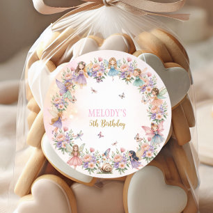Whimsical flower fairy garden 5th birthday classic round sticker
