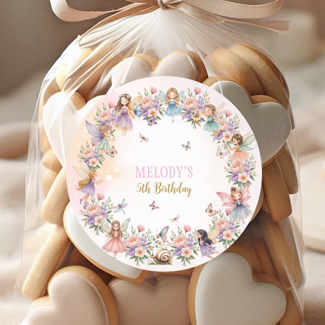 Whimsical flower fairy garden 5th birthday  classic round sticker (Creator Uploaded)