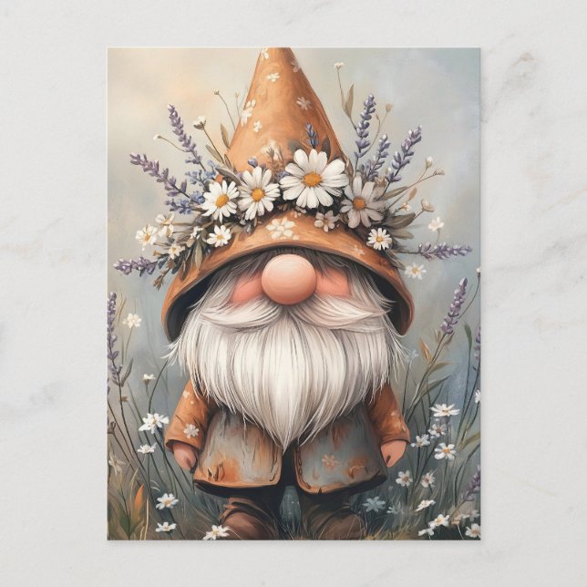 Whimsical Flower Gnome: Adorable Watercolor Art Postcard (Front)