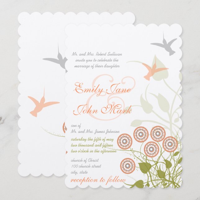 Whimsical Flower & Humming Bird Wedding Invitation (Front/Back)