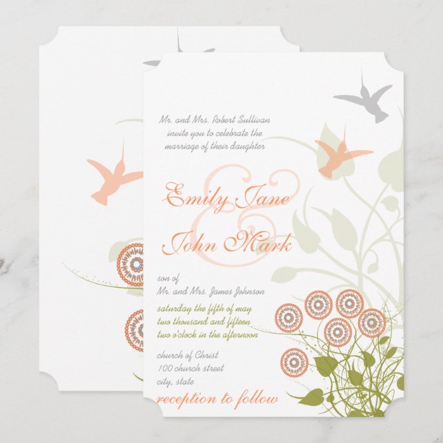 Whimsical Flower & Humming Bird Wedding Invitation (Front/Back)