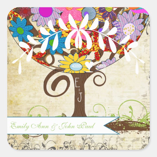 Whimsical Flower Tree Wedding Square Sticker (Front)