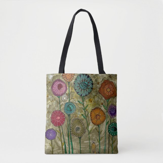Whimsical Flowers and a Little Bird Tote (Front)