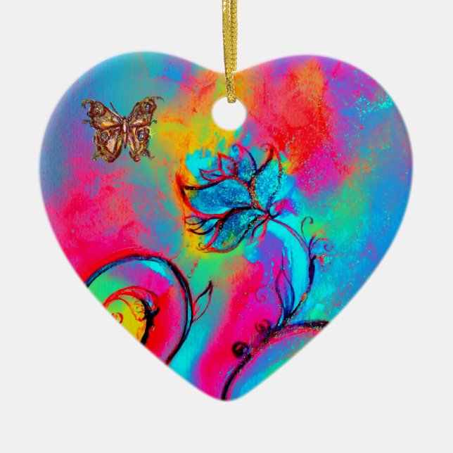 WHIMSICAL FLOWERS  AND BUTTERFLIES HEART CERAMIC ORNAMENT (Front)