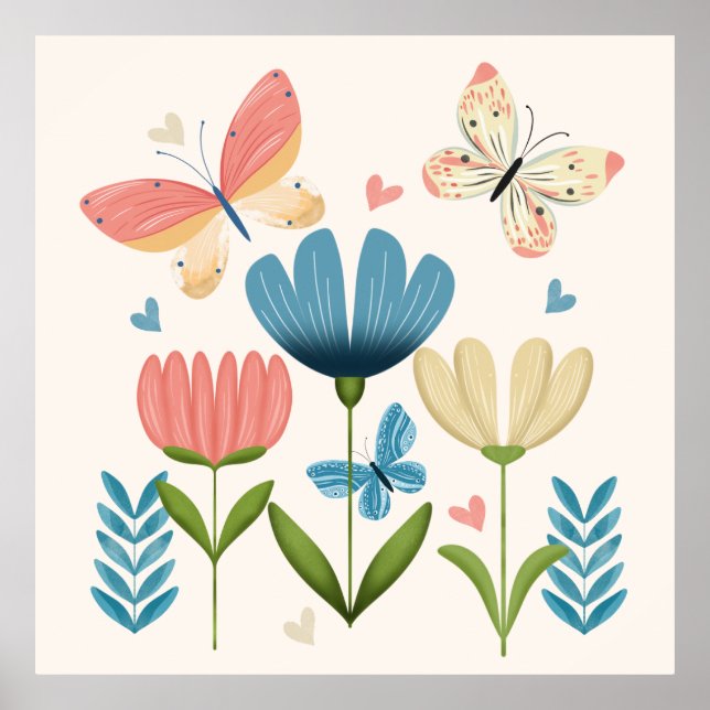 Whimsical Flowers and Butterflies Poster (Front)