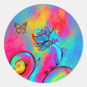 WHIMSICAL FLOWERS AND GOLD  BUTTERFLY CLASSIC ROUND STICKER