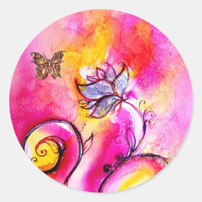 WHIMSICAL FLOWERS AND GOLD  BUTTERFLY CLASSIC ROUND STICKER (Front)