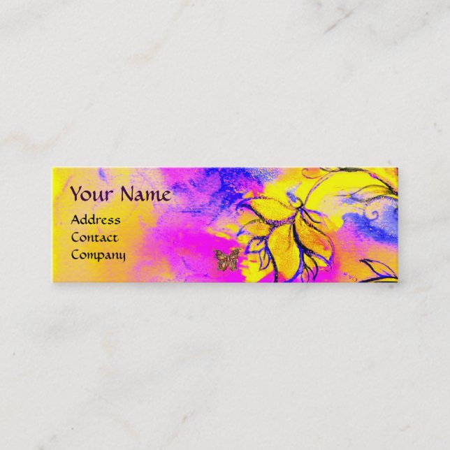 WHIMSICAL FLOWERS AND GOLD  BUTTERFLY MINI BUSINESS CARD (Front)