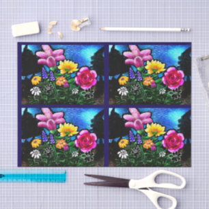 Whimsical Flowers At Night Decoupage Tissue Paper