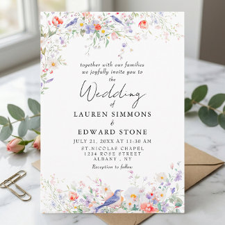 Whimsical Flowers & Blue Birds Watercolor Wedding Invitation