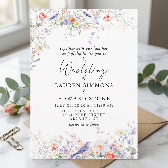 Whimsical Flowers & Blue Birds Watercolor Wedding Invitation (Creator Uploaded)