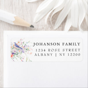 Whimsical Flowers & Blue Birds Watercolor Wedding Return Address Label