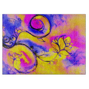 WHIMSICAL FLOWERS  blue pink orange yellow Cutting Board
