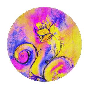 WHIMSICAL FLOWERS Blue Pink Yellow Floral Fantasy Cutting Board