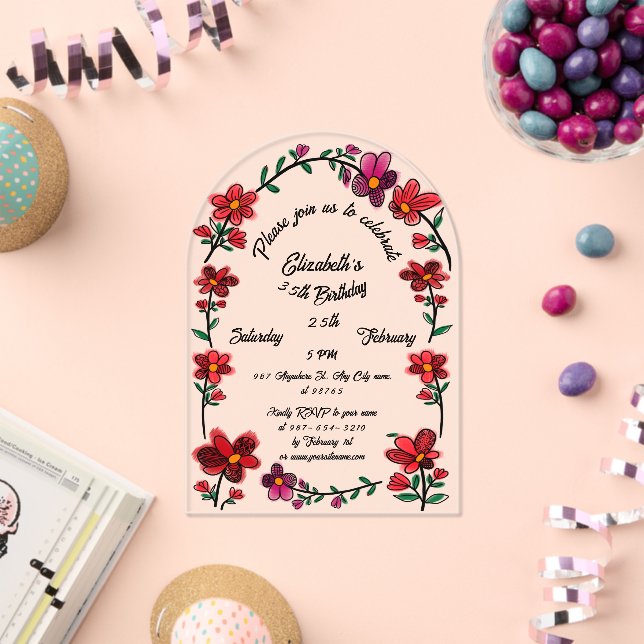Whimsical Flowers Border 35th Birthday Party  Acrylic Invitations (Insitu (Celebration))