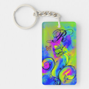 WHIMSICAL FLOWERS & BUTTERFLIES blue green yellow Key Ring