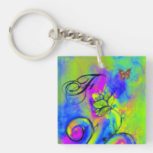 WHIMSICAL FLOWERS & BUTTERFLIES blue green yellow Key Ring