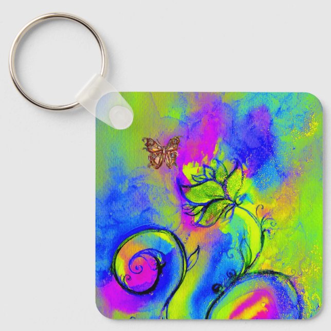 WHIMSICAL FLOWERS & BUTTERFLIES blue green yellow Key Ring (Front)