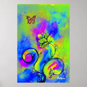 WHIMSICAL FLOWERS & BUTTERFLIES blue green yellow Poster