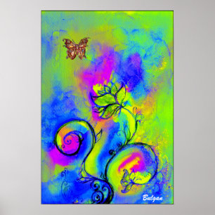 WHIMSICAL FLOWERS & BUTTERFLIES  blue green yellow Poster