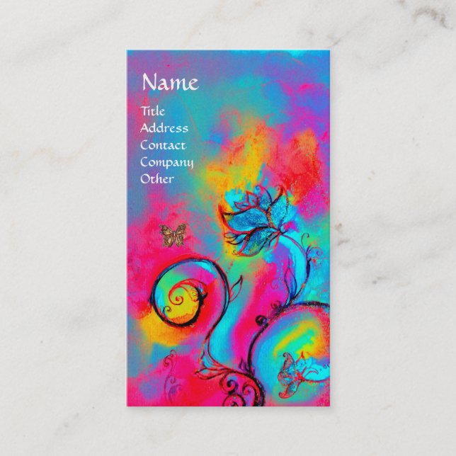 WHIMSICAL FLOWERS & BUTTERFLIES blue pink yellow Business Card (Front)
