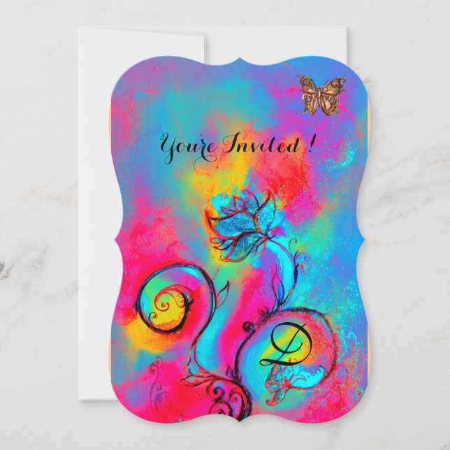WHIMSICAL FLOWERS & BUTTERFLIES Blue pink yellow Invitation (Front)